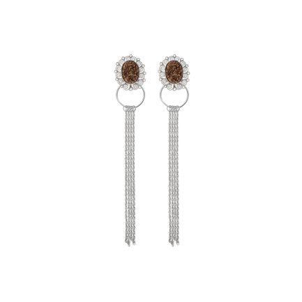 Arete con piedra druzy ovalada con filigrana, aro y cadenas